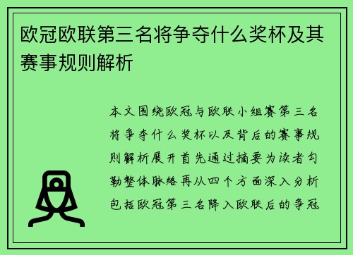 欧冠欧联第三名将争夺什么奖杯及其赛事规则解析 欧冠欧联第三名将争夺什么奖杯及其赛事规则解析