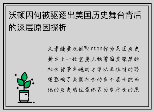 沃顿因何被驱逐出美国历史舞台背后的深层原因探析