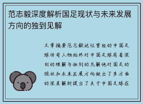 范志毅深度解析国足现状与未来发展方向的独到见解