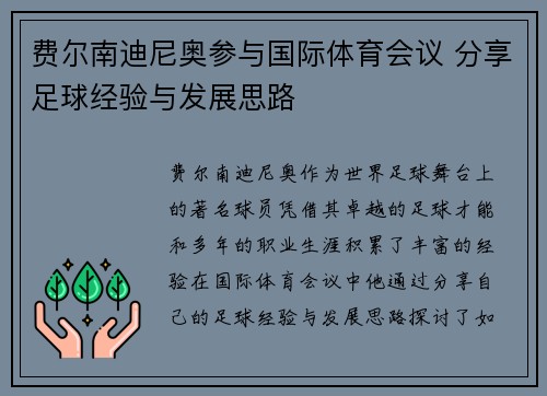费尔南迪尼奥参与国际体育会议 分享足球经验与发展思路 费尔南迪尼奥参与国际体育会议 分享足球经验与发展思路