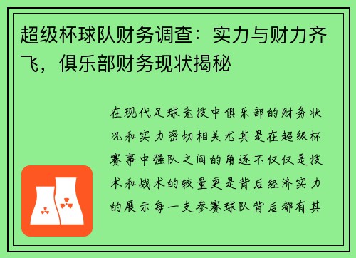 超级杯球队财务调查:实力与财力齐飞,俱乐部财务现状揭秘 超级杯球队财务调查:实力与财力齐飞,俱乐部财务现状揭秘